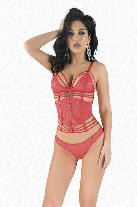 Red Glitter Lace Bustier Suit