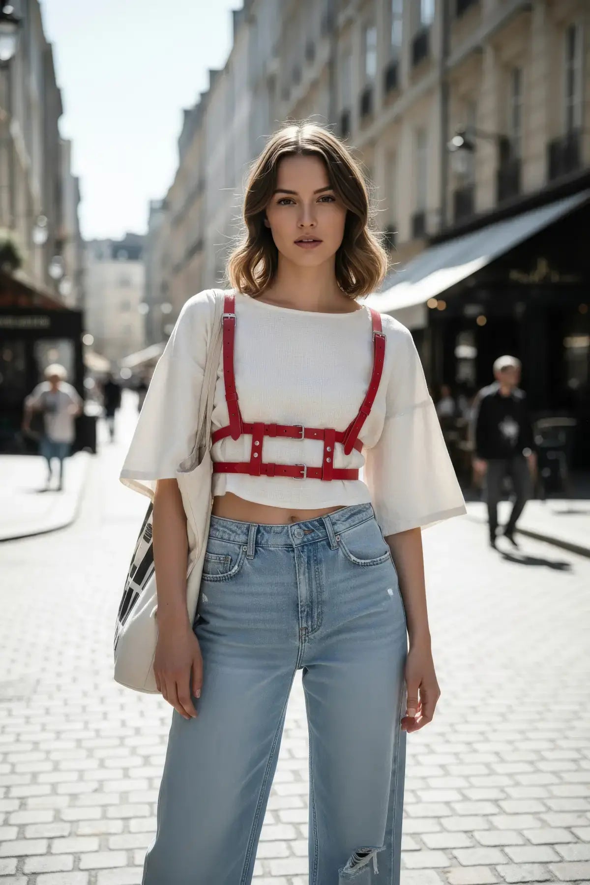Adjustable cage chest harness with red faux-leather straps worn over a white cropped top