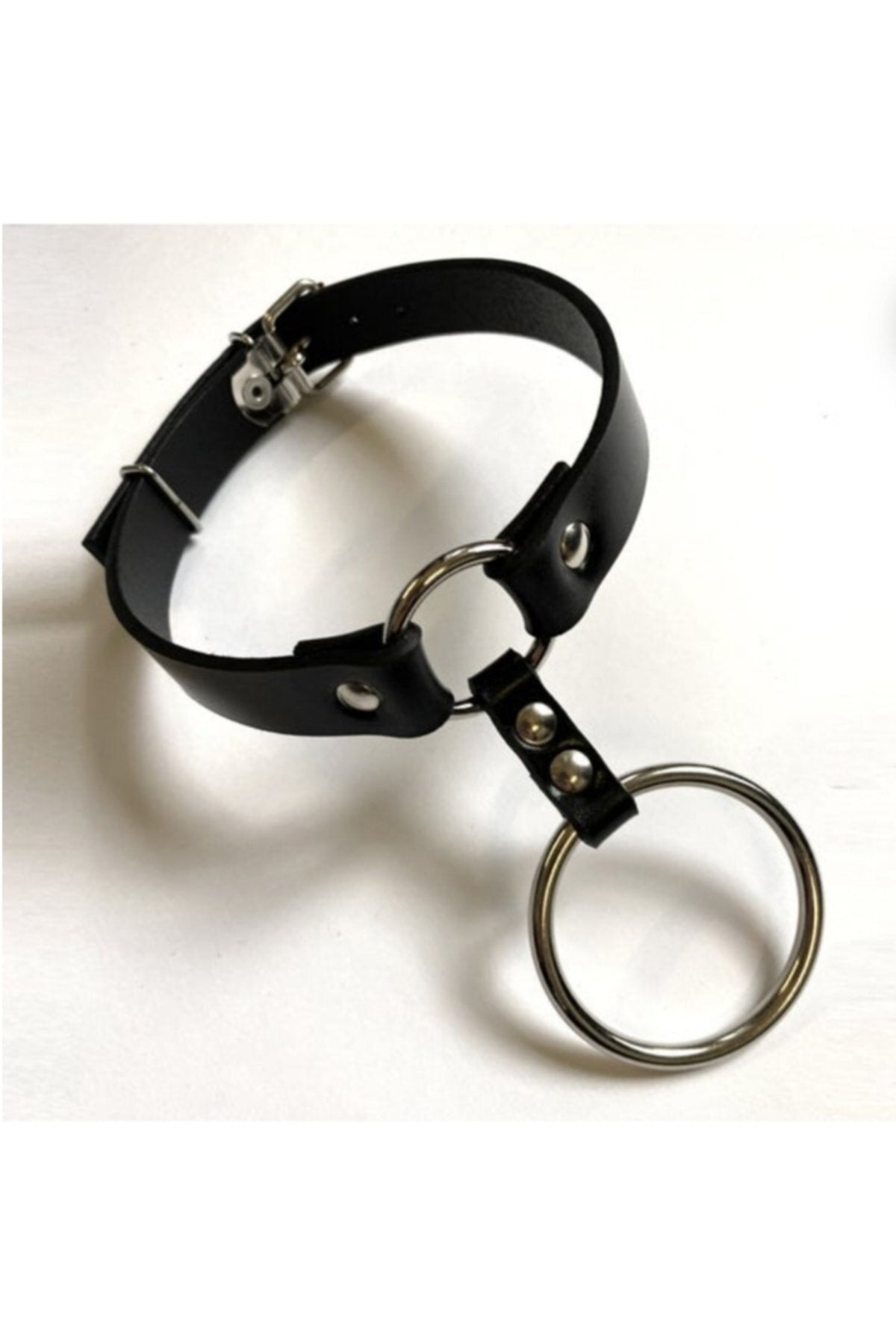 Big And Small Ring Detailed Adjustable Leather Choker