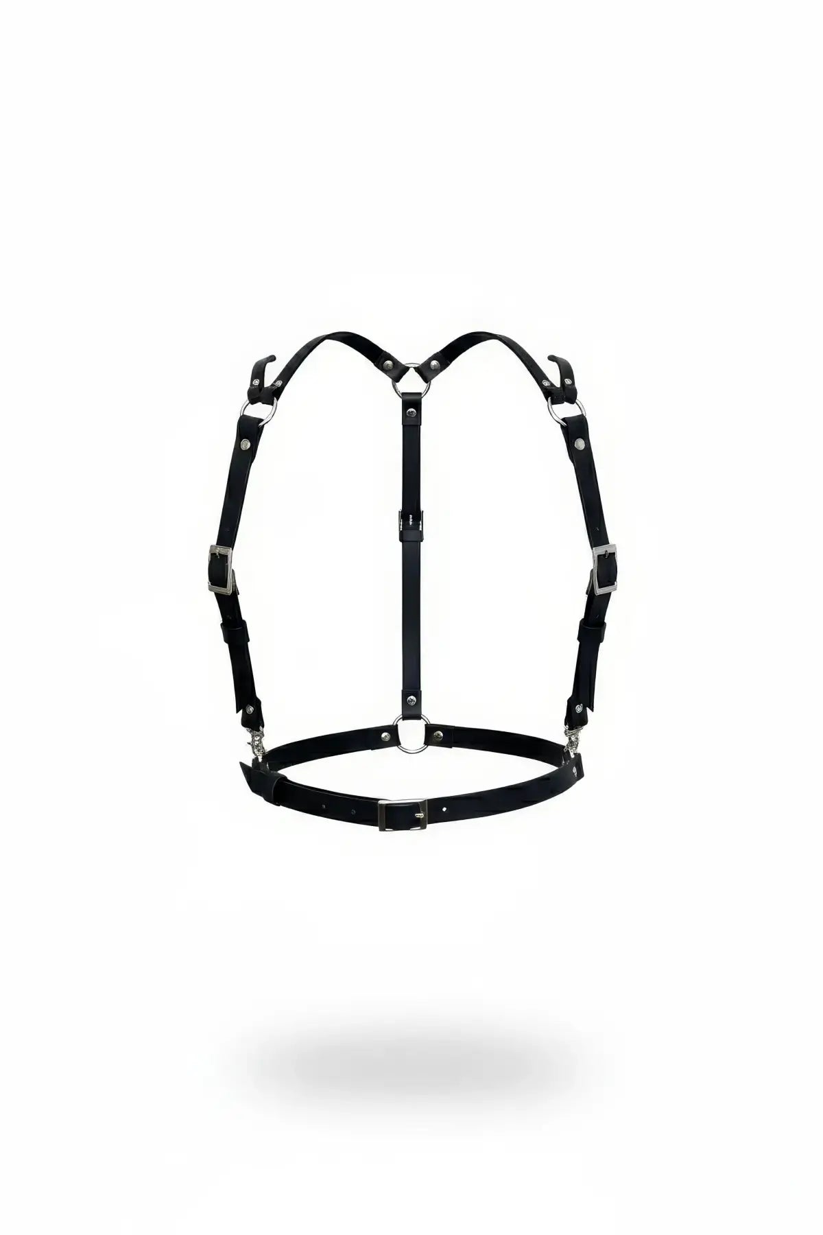 HarnessClub Black adjustable cage chest harness in vegan leather with metal hardware and symmetrical cage design.
