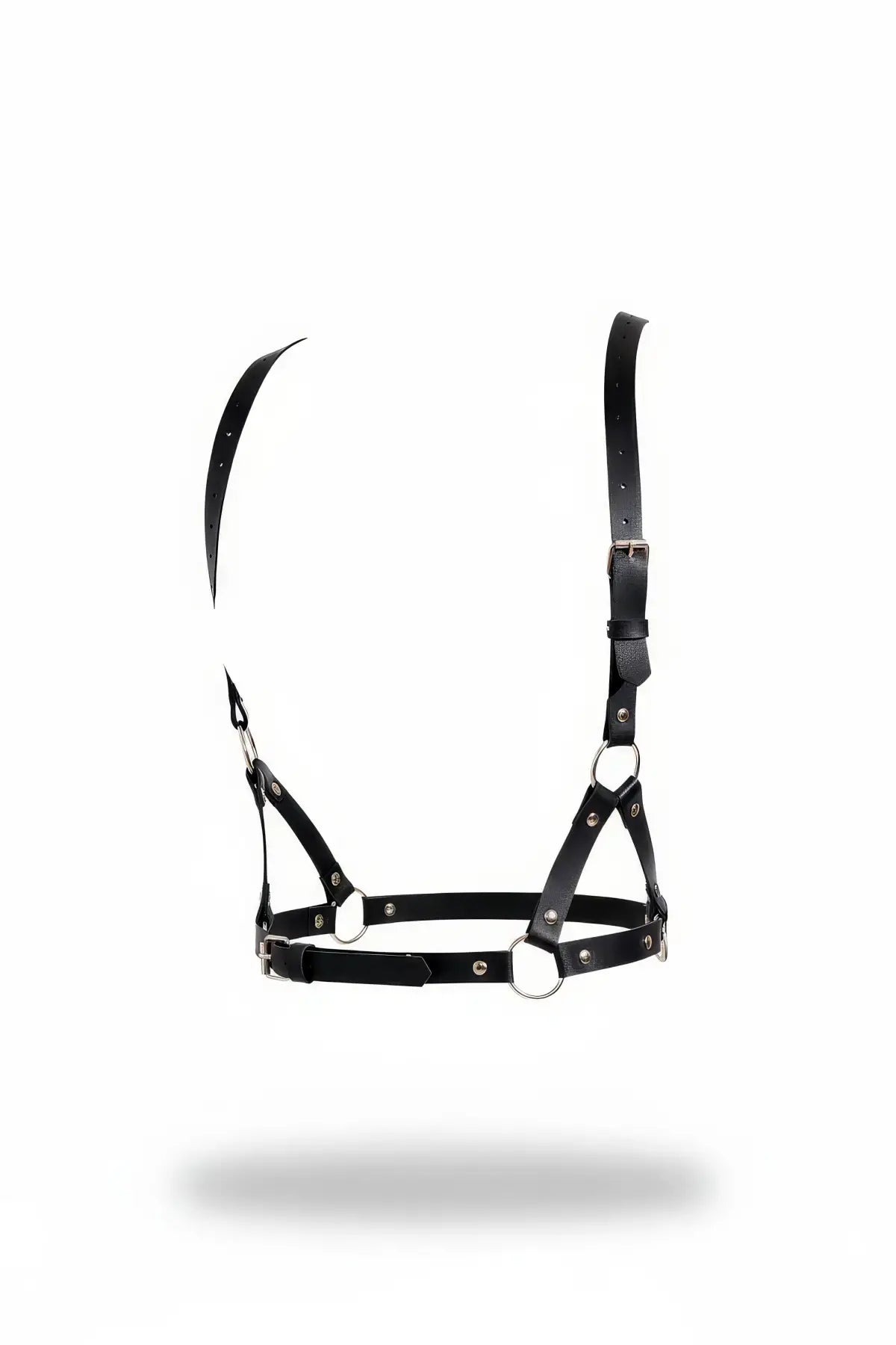 Black adjustable triangle-strap chest harness by HarnessClub, vegan leather with silver hardware