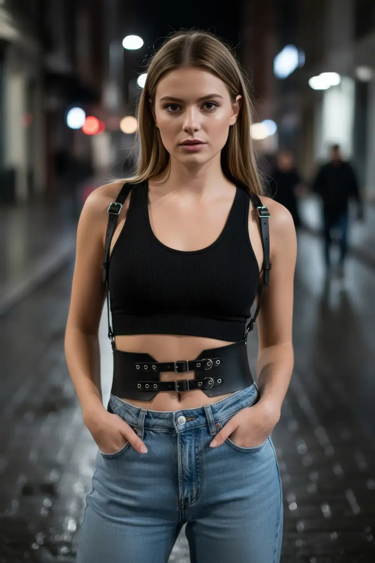 HarnessClub black vegan leather waist cincher belt with buckles and straps on a model