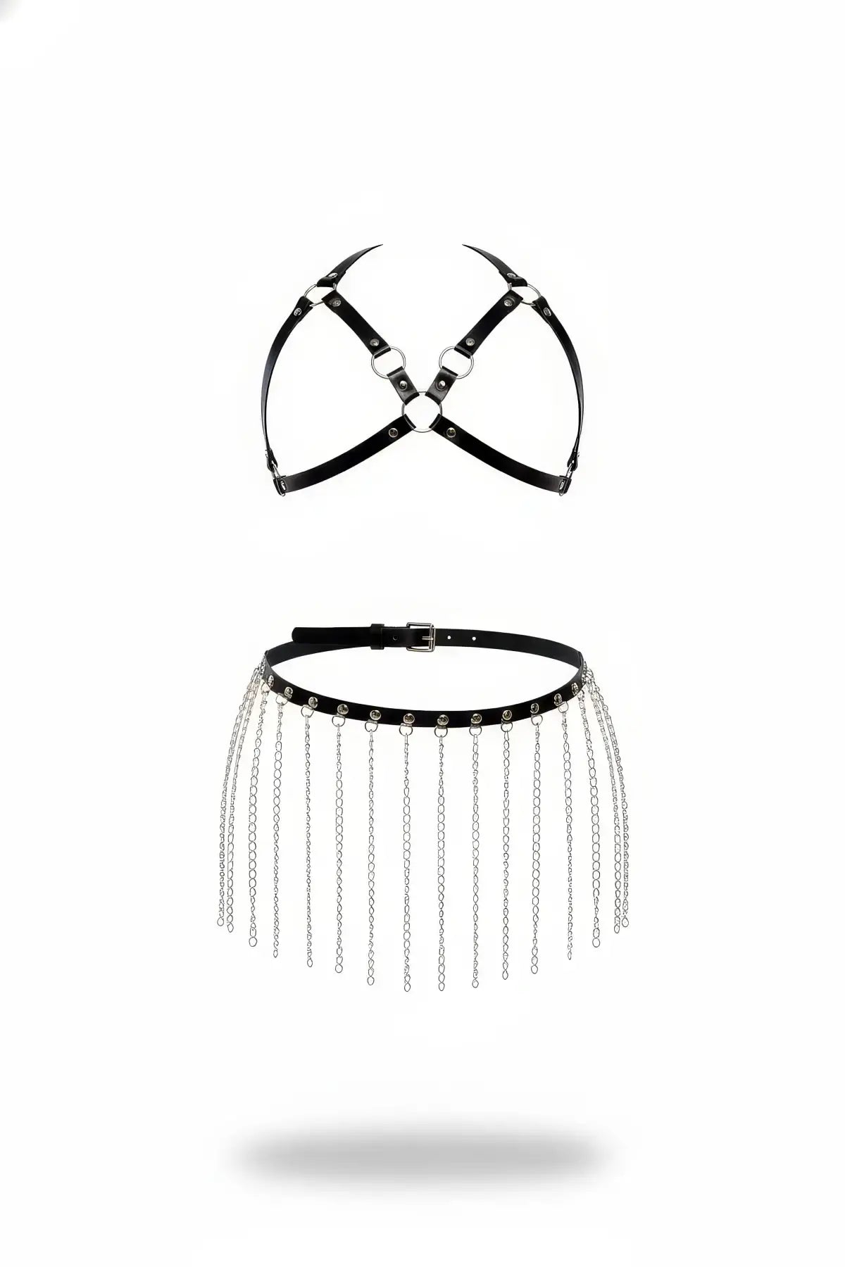 Black vegan leather cage harness and chain-fringe skirt set by HarnessClub; two-piece with silver chains.