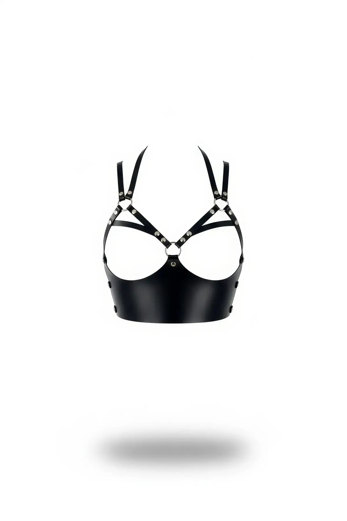 Black caged overbust bustier in vegan leather by HarnessClub with metal rings