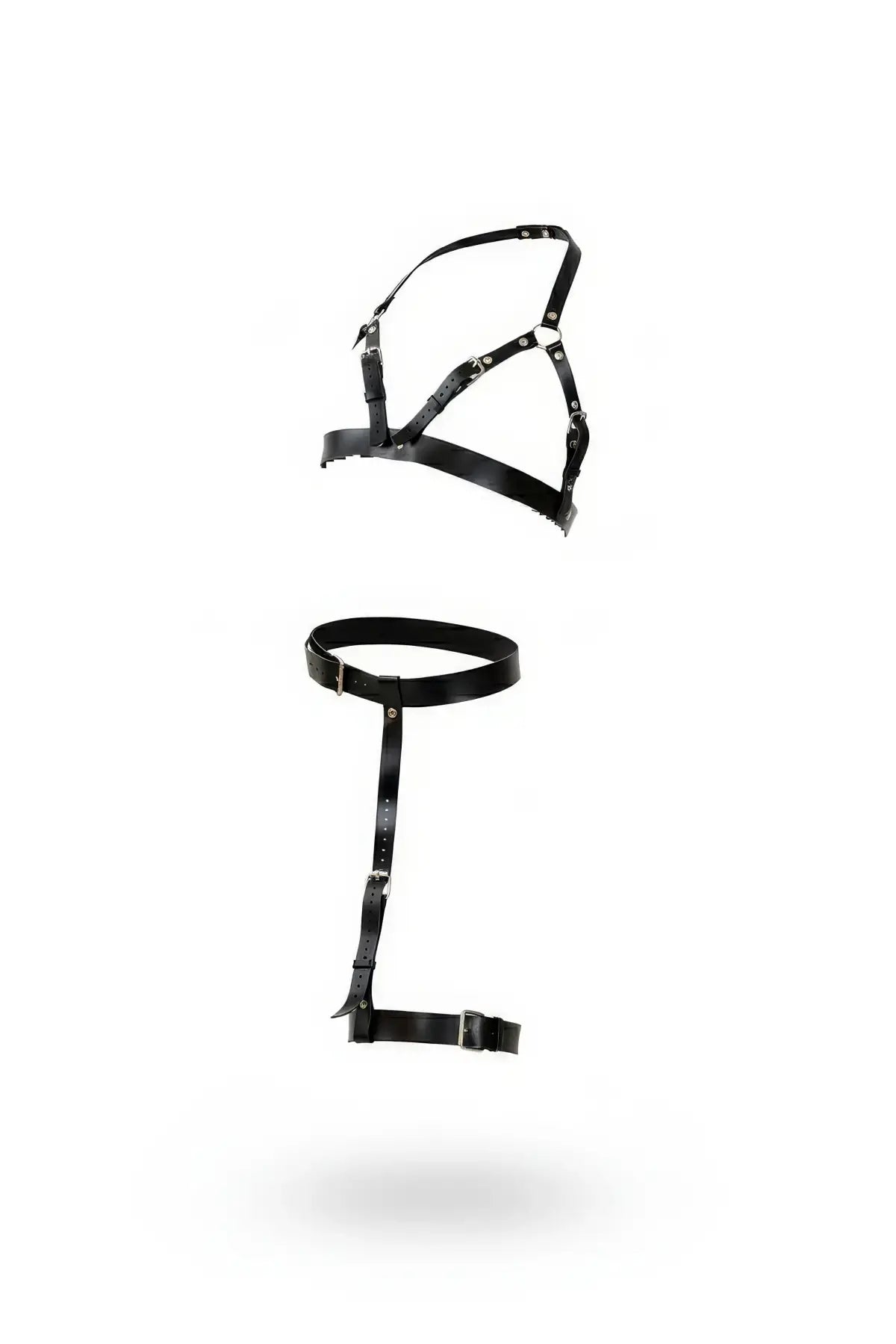HarnessClub Black vegan leather caged bust and thigh garter harness set, two-piece