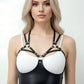 Black caged strap overbust corset bustier in vegan leather with rivet rings, worn by a model.