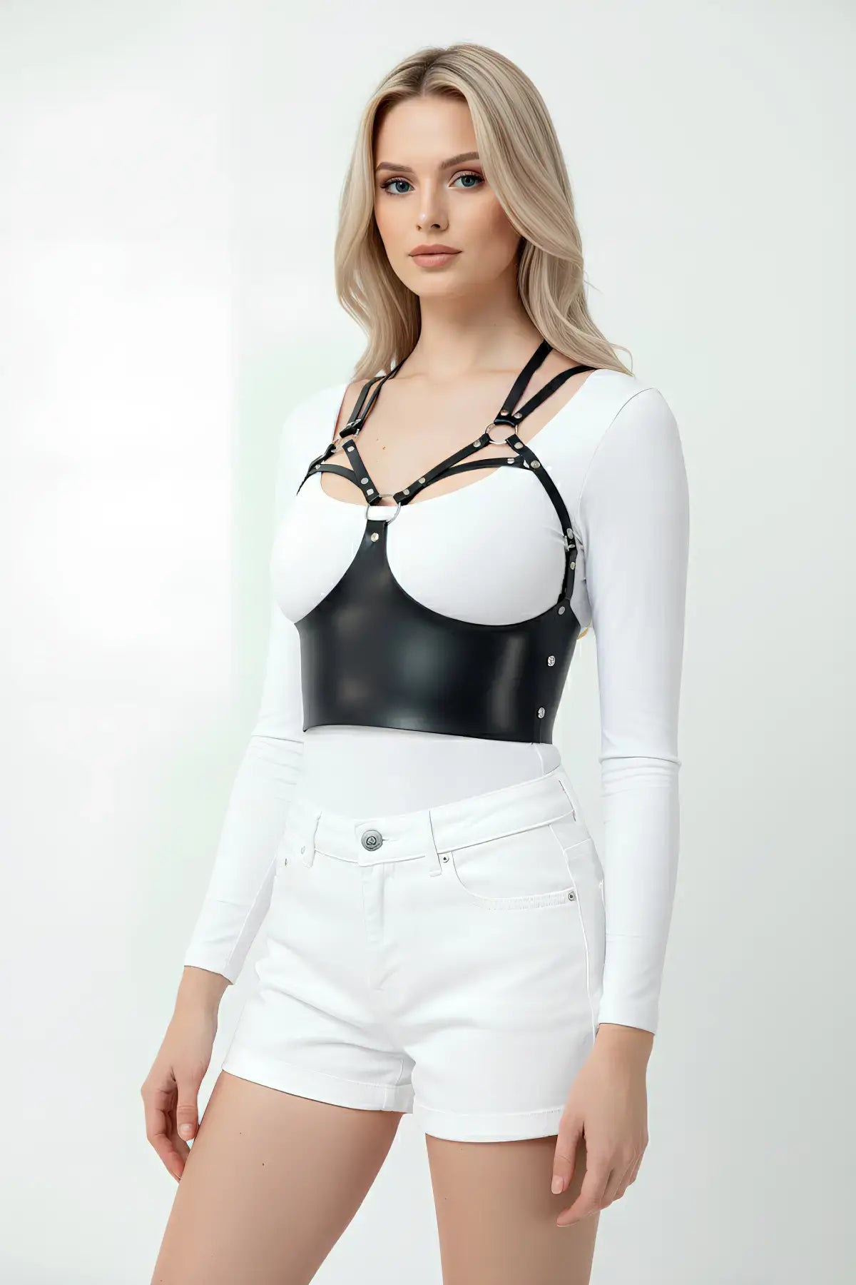 HarnessClub black caged strap overbust corset bustier in vegan leather.