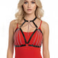 Black cascading chain O-ring halter harness by HarnessClub with silver chains over a red bodysuit