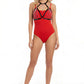 Halter harness with cascading black chain o-ring accents on red bodysuit by HarnessClub