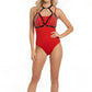HarnessClub black cascading chain O-ring halter harness with silver chain details over red bodysuit