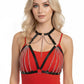 Black Cascading Chain O-Ring Halter Harness by HarnessClub over a red bodysuit with silver chains