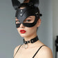 Black Cat-Ear Vegan Leather Eye Mask by HarnessClub, matte black with silver rivets for festival costumes.