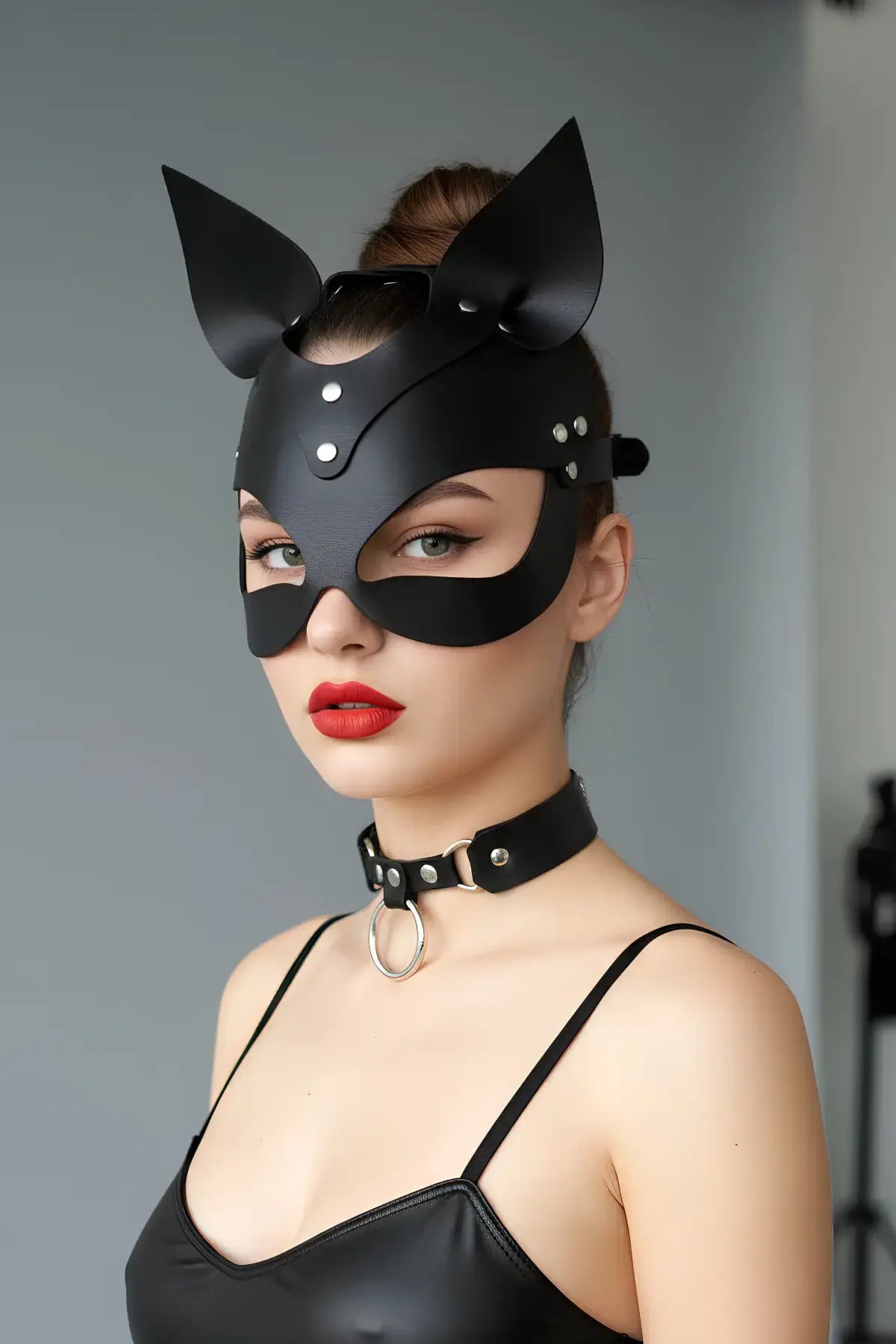 Black Cat-Ear Vegan Leather Eye Mask by HarnessClub, matte black with silver rivets for festival costumes.