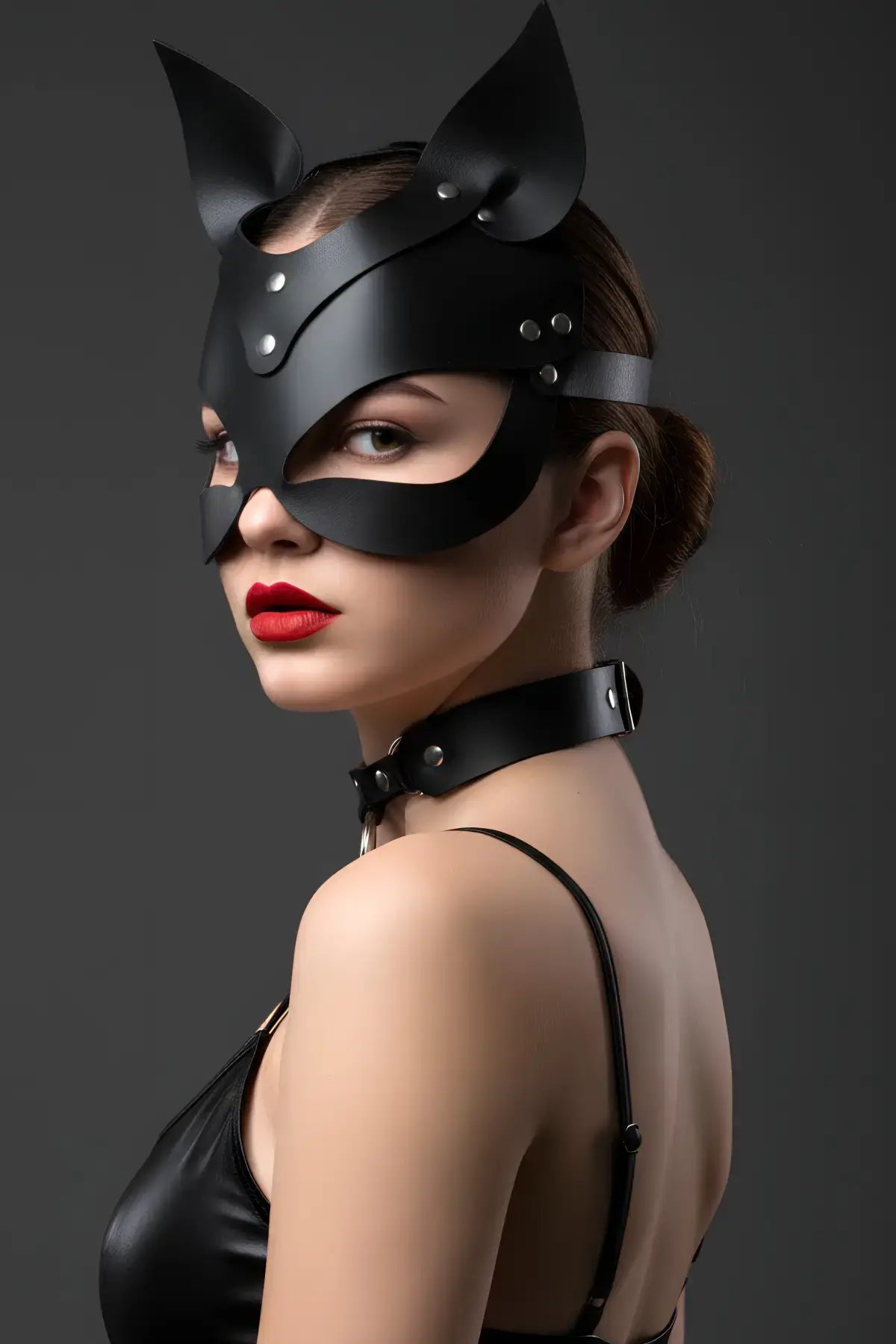 Black Cat-Ear Vegan Leather Eye Mask by HarnessClub; matte black with silver rivets