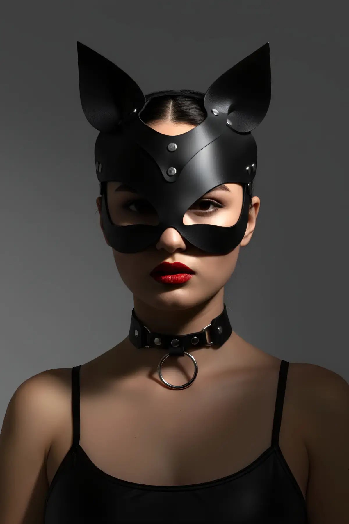 Black Cat-Ear Matte Vegan Leather Eye Mask by HarnessClub with silver rivets