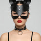 HarnessClub Black Cat-Ear vegan leather eye mask with matte finish and silver rivets