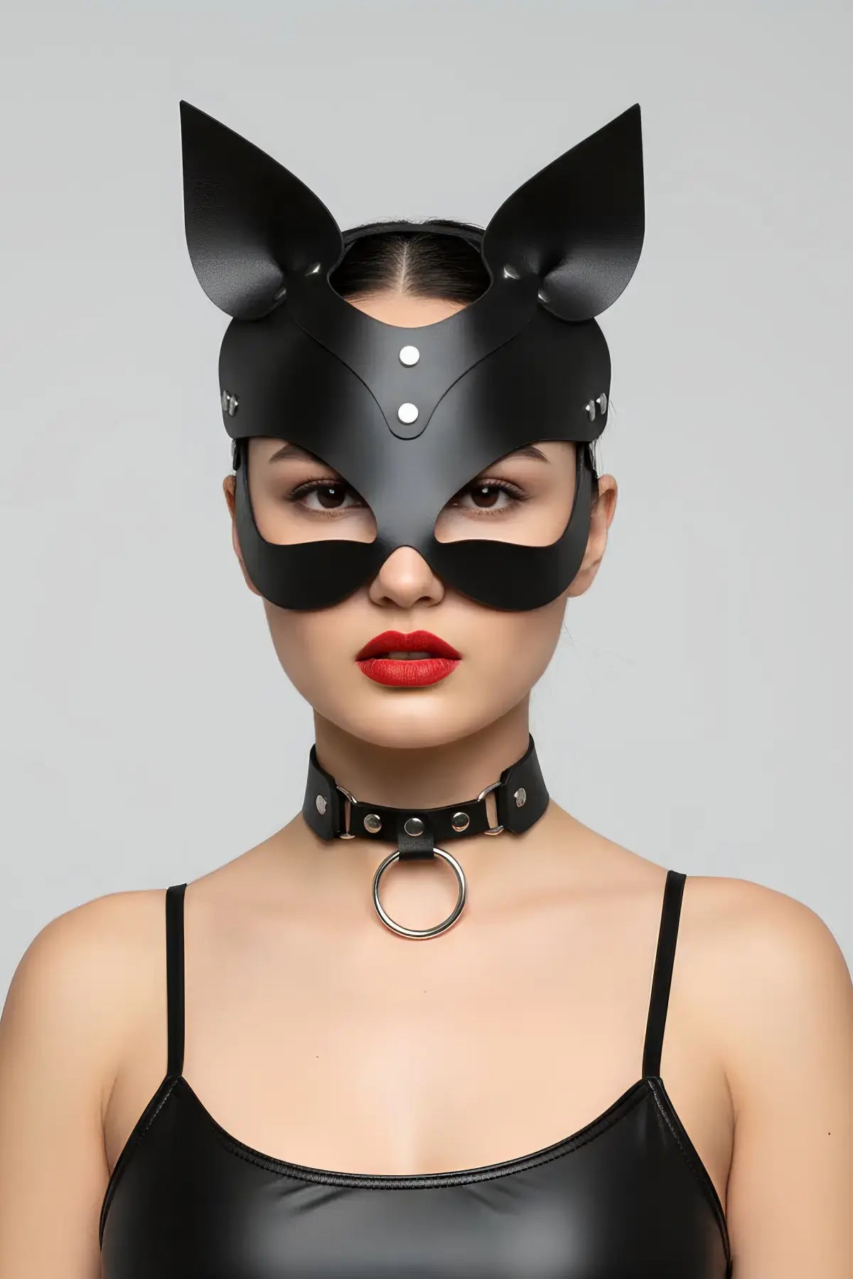 HarnessClub Black Cat-Ear vegan leather eye mask with matte finish and silver rivets
