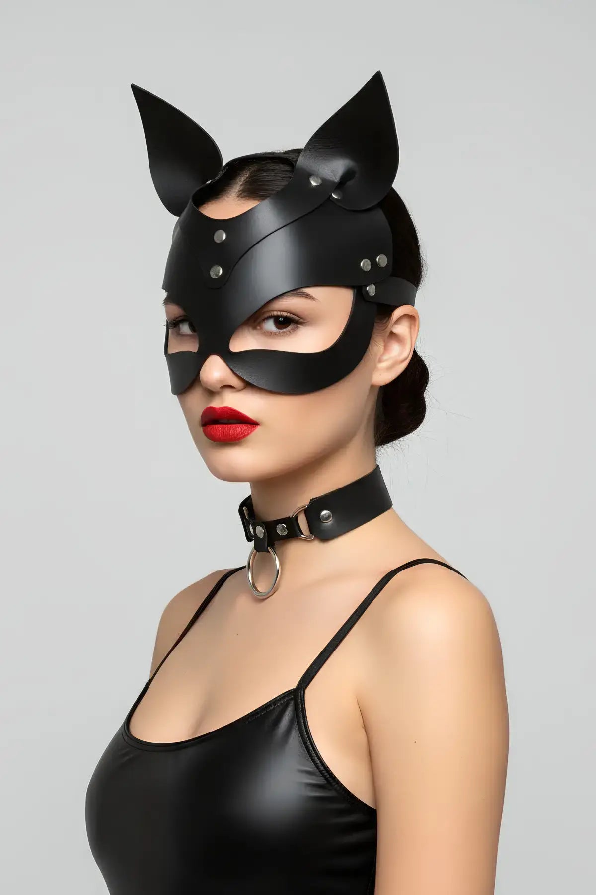 Black Cat-Ear Vegan Leather Eye Mask by HarnessClub, matte black with silver rivets