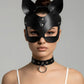 Black Cat-Ear Vegan Leather Eye Mask by HarnessClub with silver rivets; matte black two-piece mask and choker set