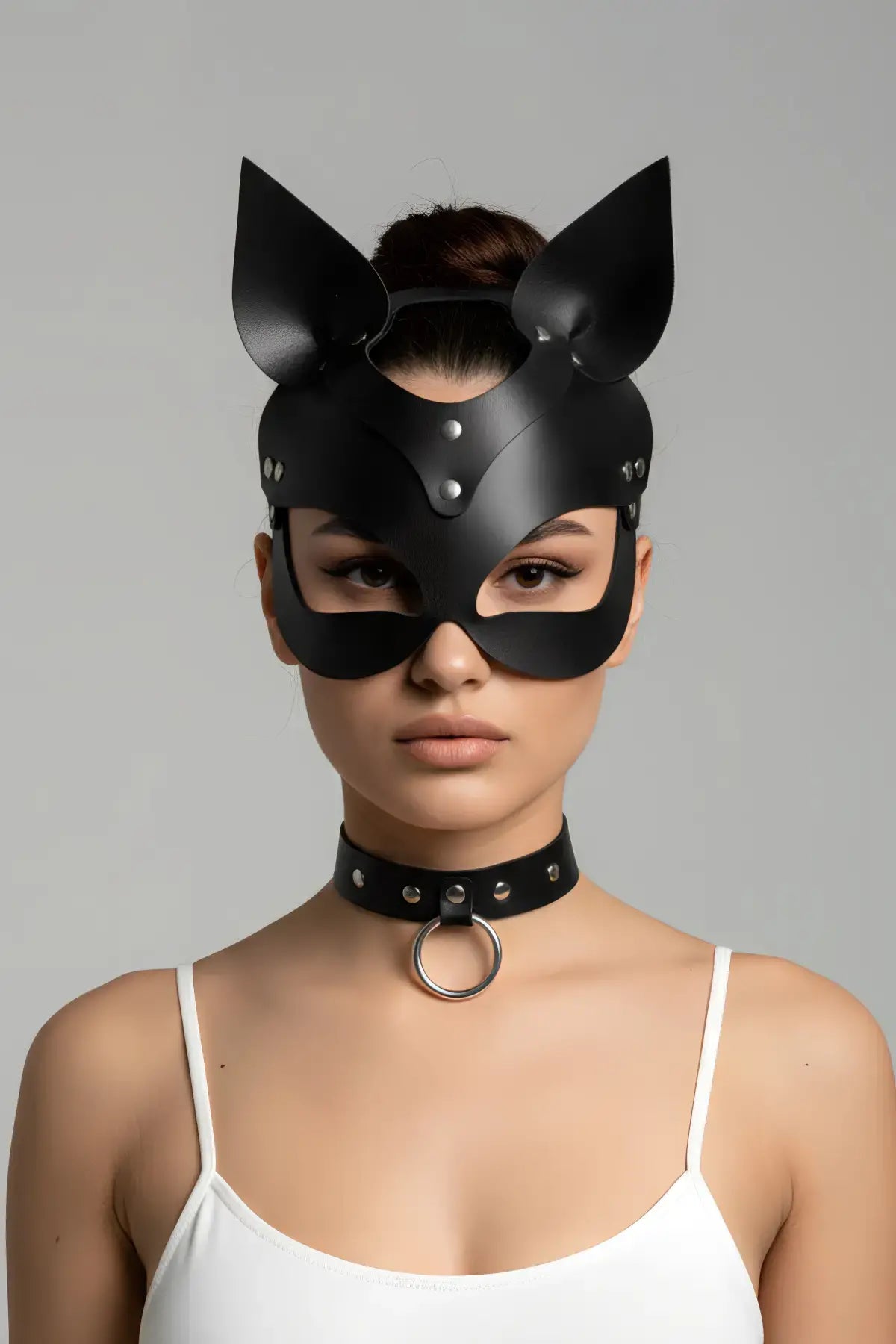 Black Cat-Ear Vegan Leather Eye Mask by HarnessClub with silver rivets; matte black two-piece mask and choker set
