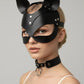 Black Cat-Ear vegan leather eye mask with matte black finish and silver rivets, HarnessClub