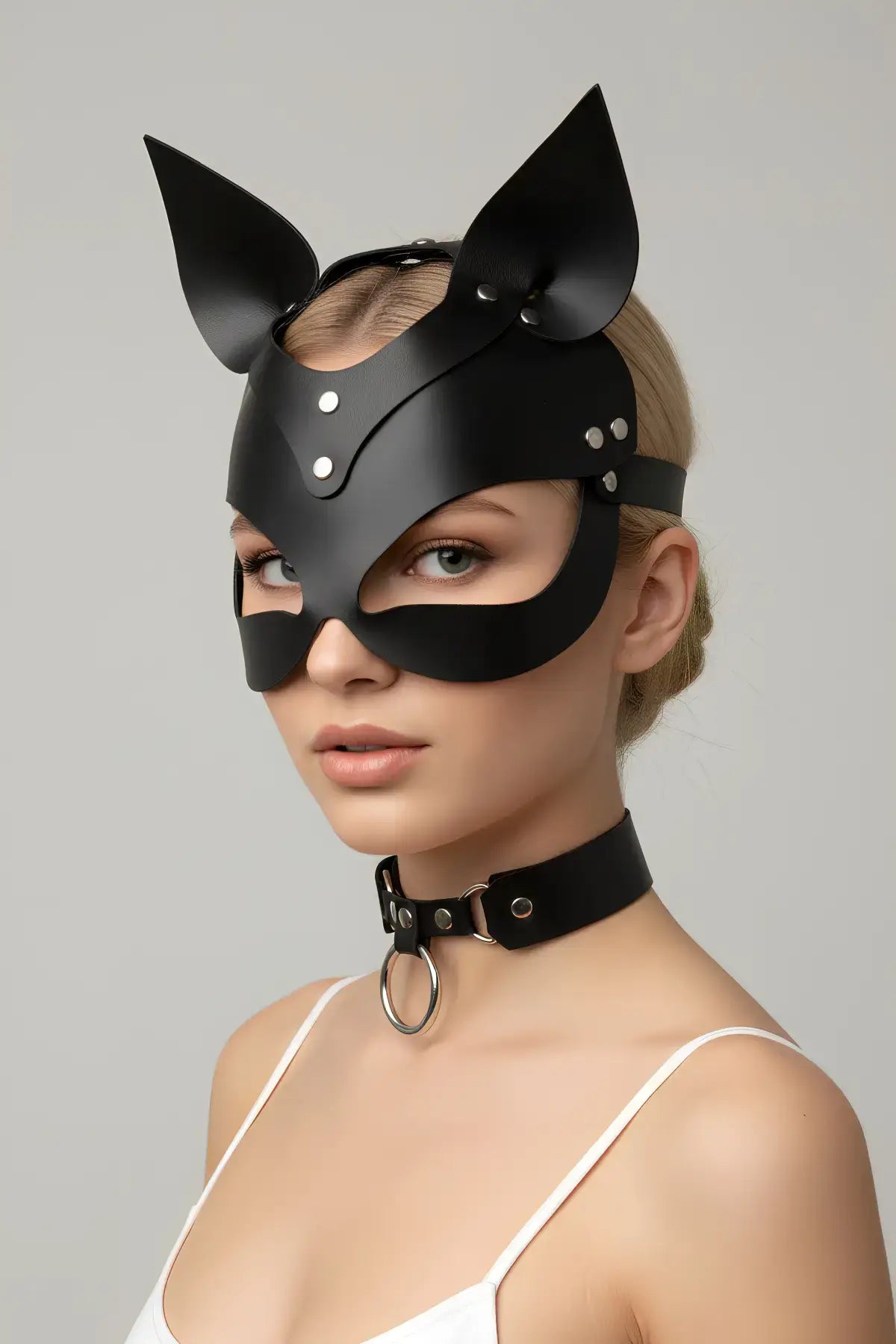 Black Cat-Ear vegan leather eye mask with matte black finish and silver rivets, HarnessClub