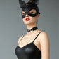 Black cat-ear vegan leather eye mask by HarnessClub; matte black with silver rivets