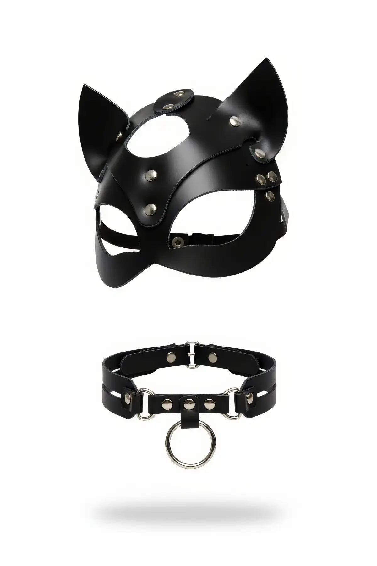 HarnessClub Black cat-ear vegan leather mask with riveted choker set and metal hardware