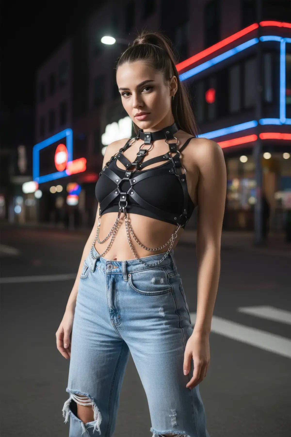 HarnessClub black chain-detail leather body harness worn over a black top with light-wash jeans.