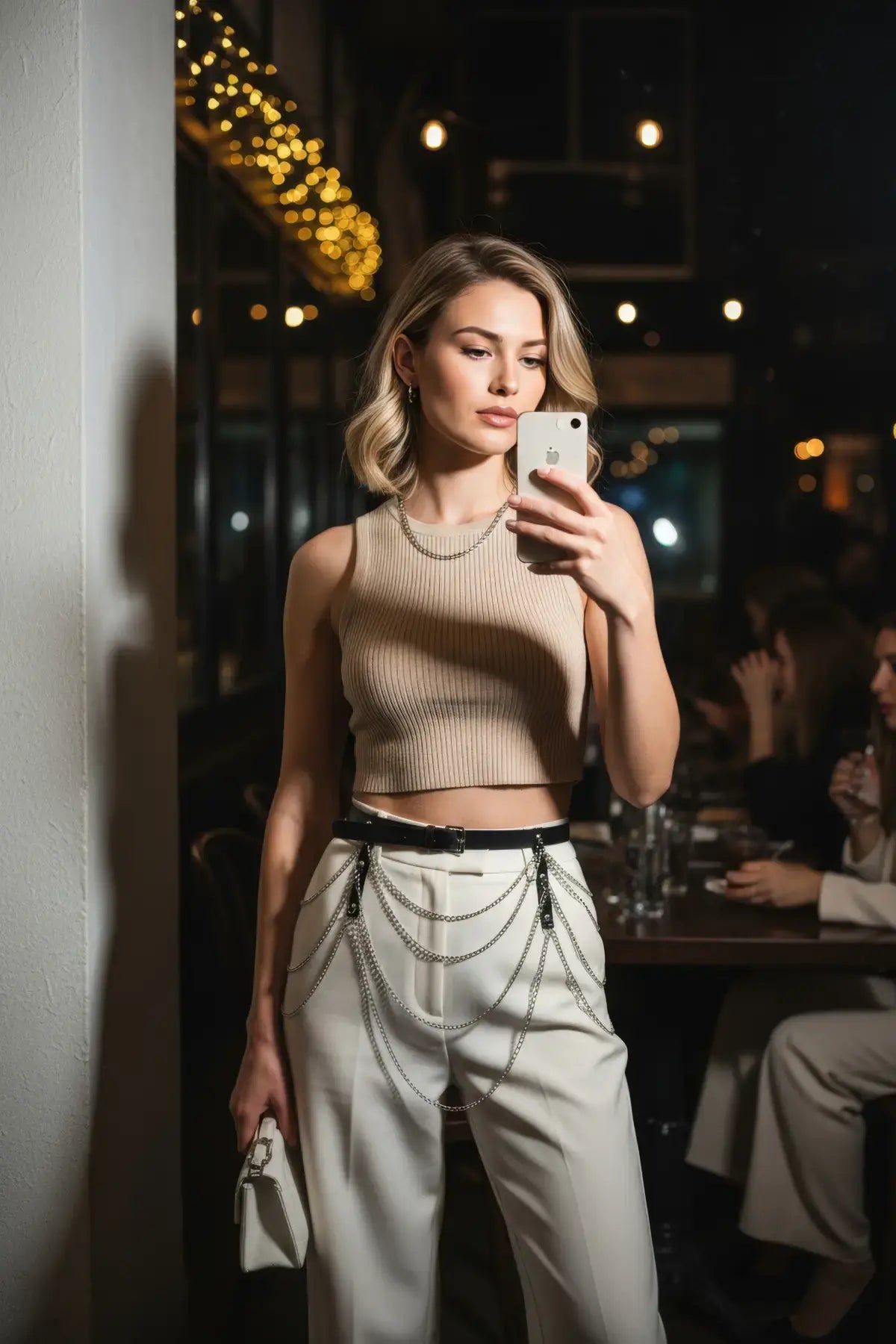 Black chain-drape waist belt in vegan leather with silver chains, worn over white pants.