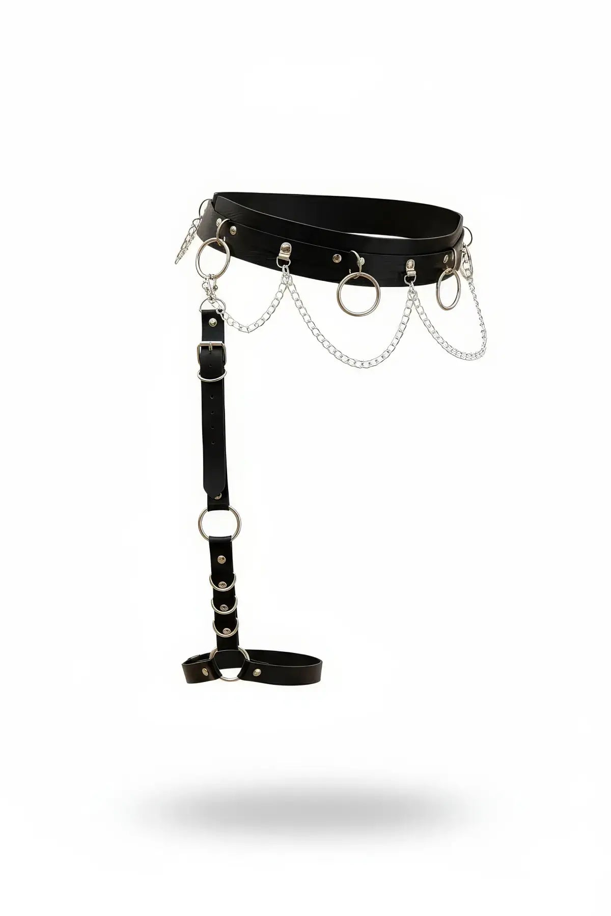Black vegan leather chain O-ring garter leg harness with silver chains and rings