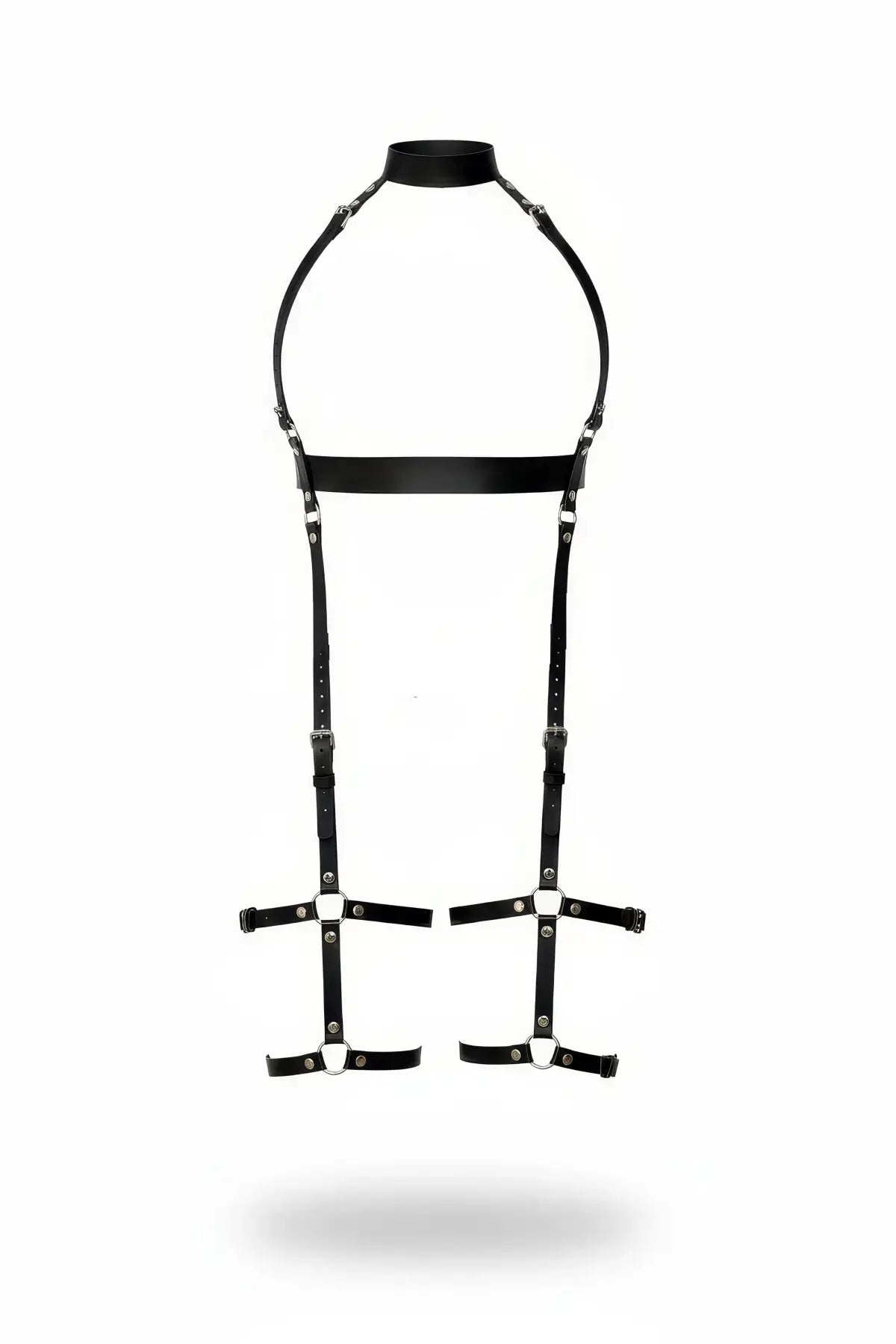 Black collar-to-thigh adjustable full-body harness in vegan leather with metal hardware