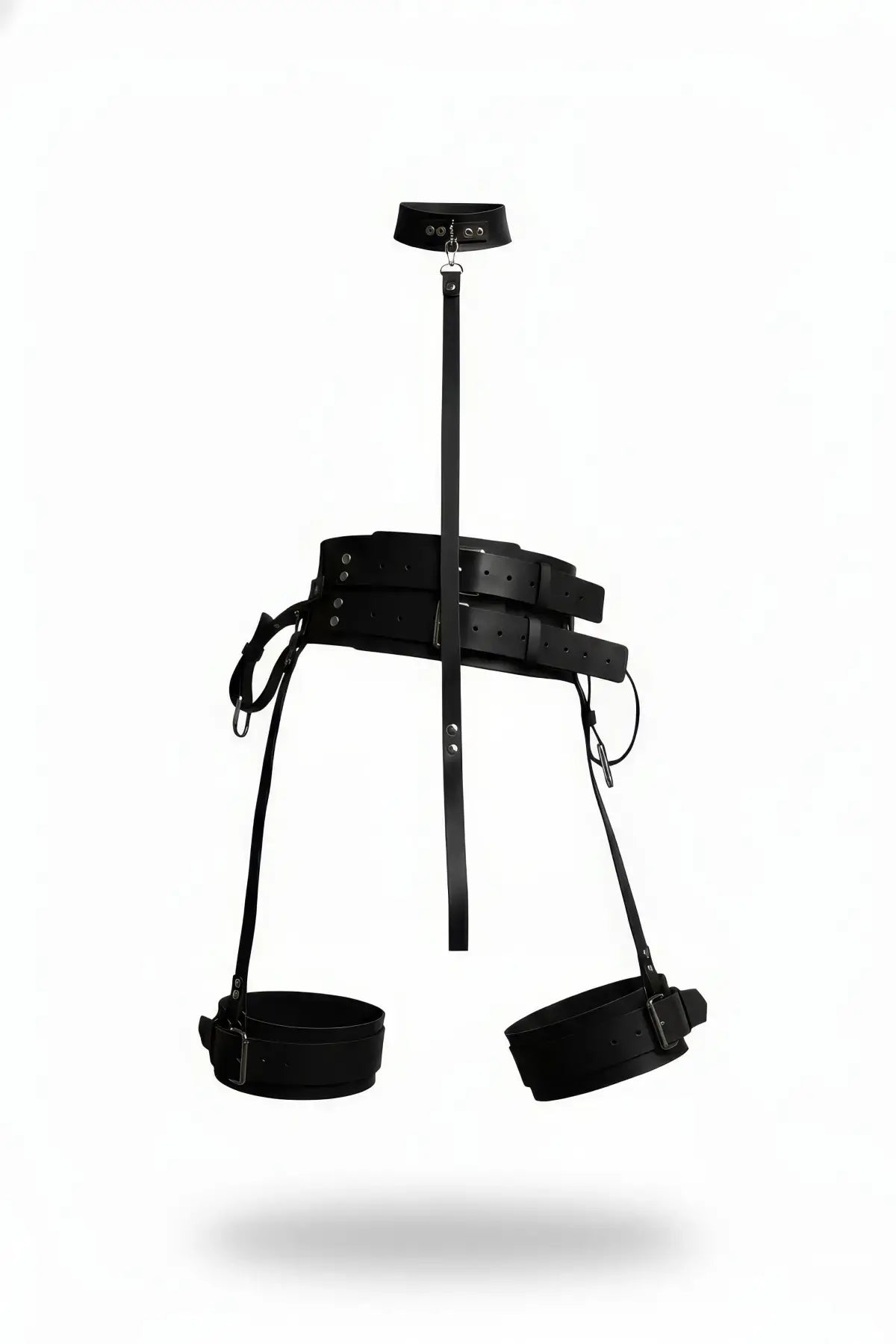 Black vegan leather collar, waist belt, and two thigh cuffs harness set with metal hardware and clips
