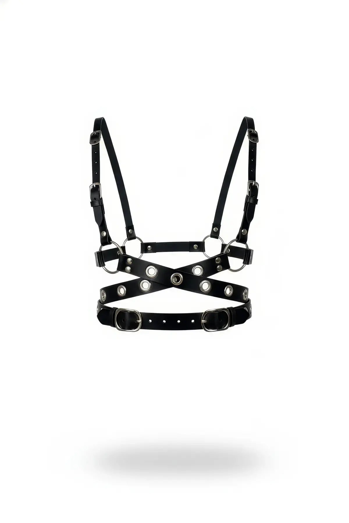 Chest harness by HarnessClub in black vegan leather with cross straps and grommet rings