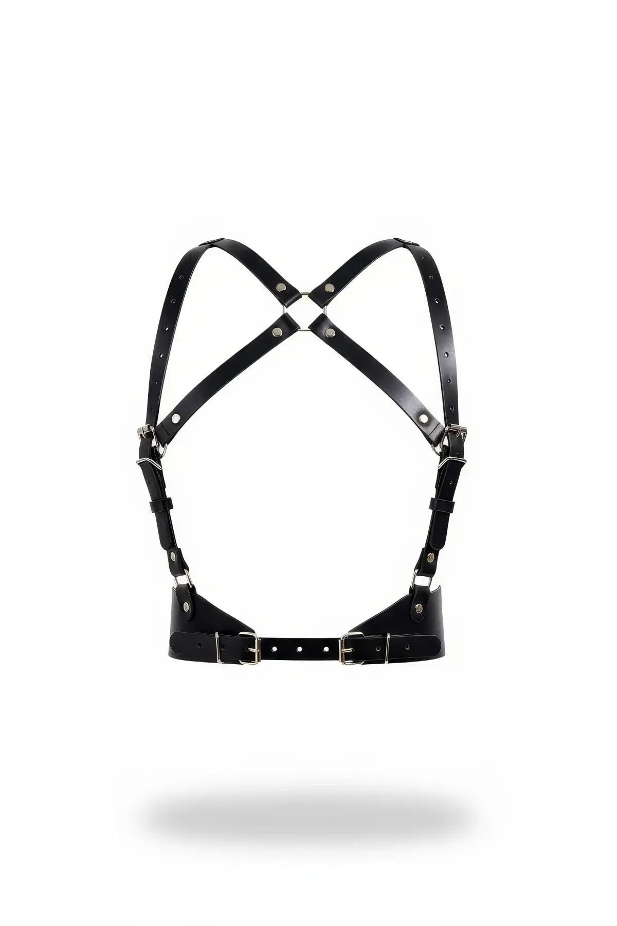 Black cross-strap vegan leather underbust body harness with adjustable straps and metal hardware