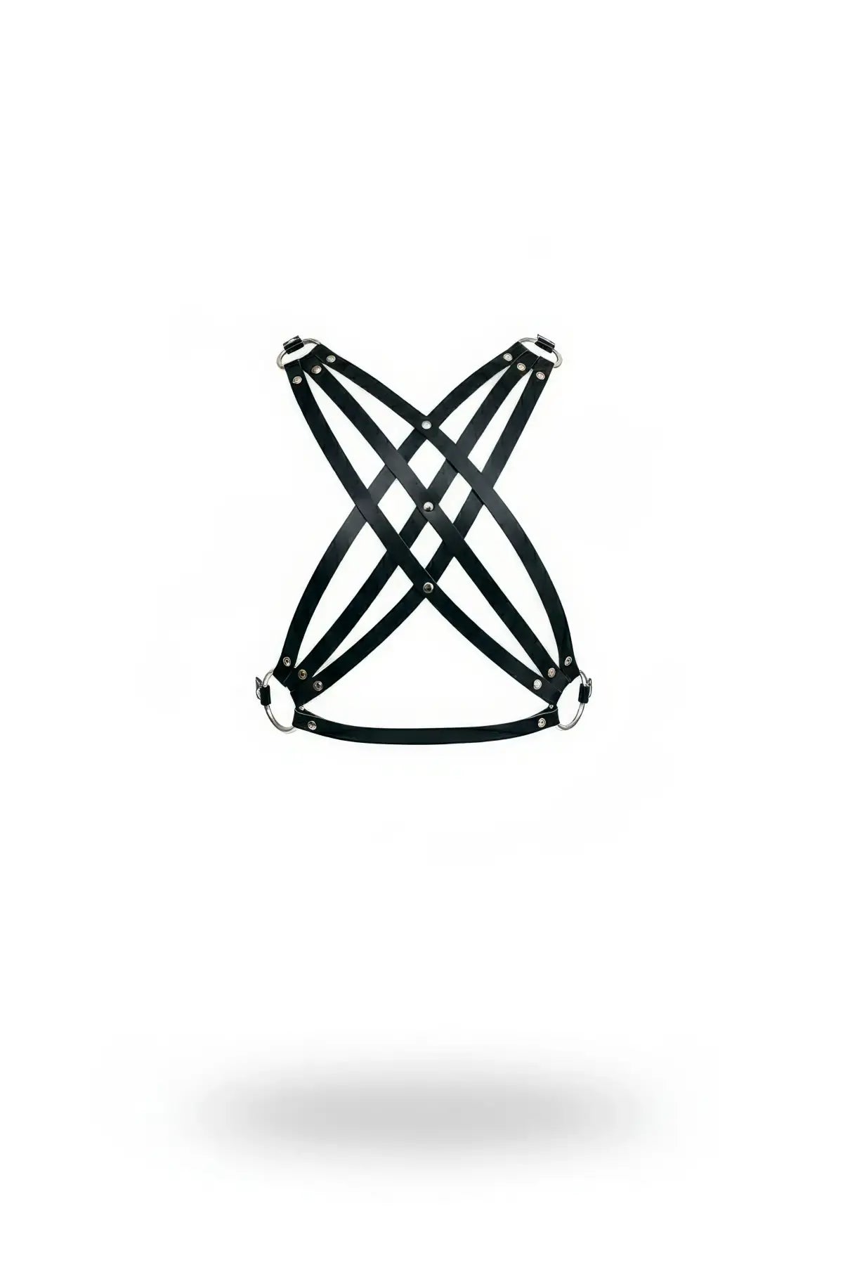 HarnessClub black crossed cage strappy chest harness in vegan leather with metal rings