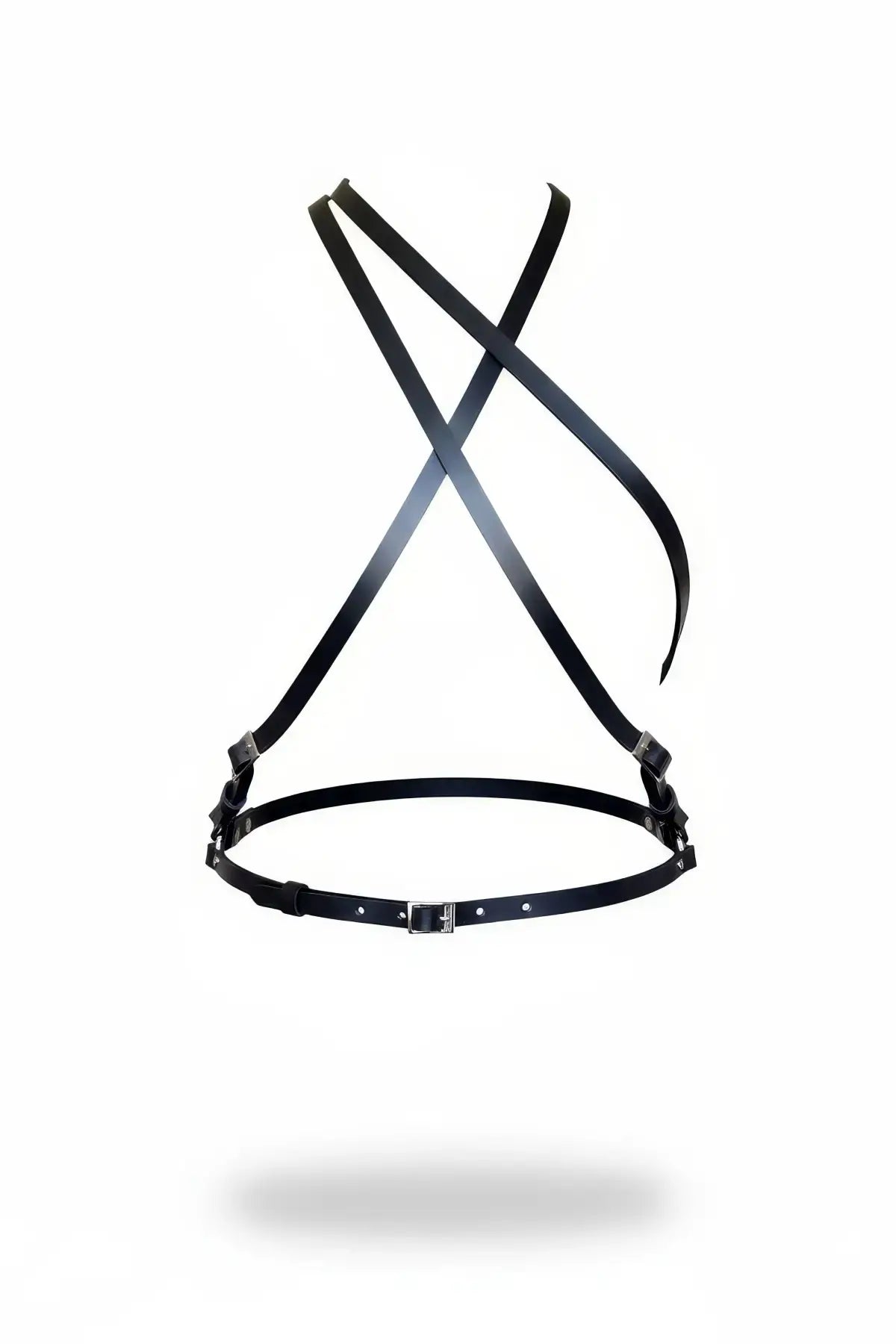 Black vegan-leather cage harness with crisscross X-straps and waist belt, HarnessClub