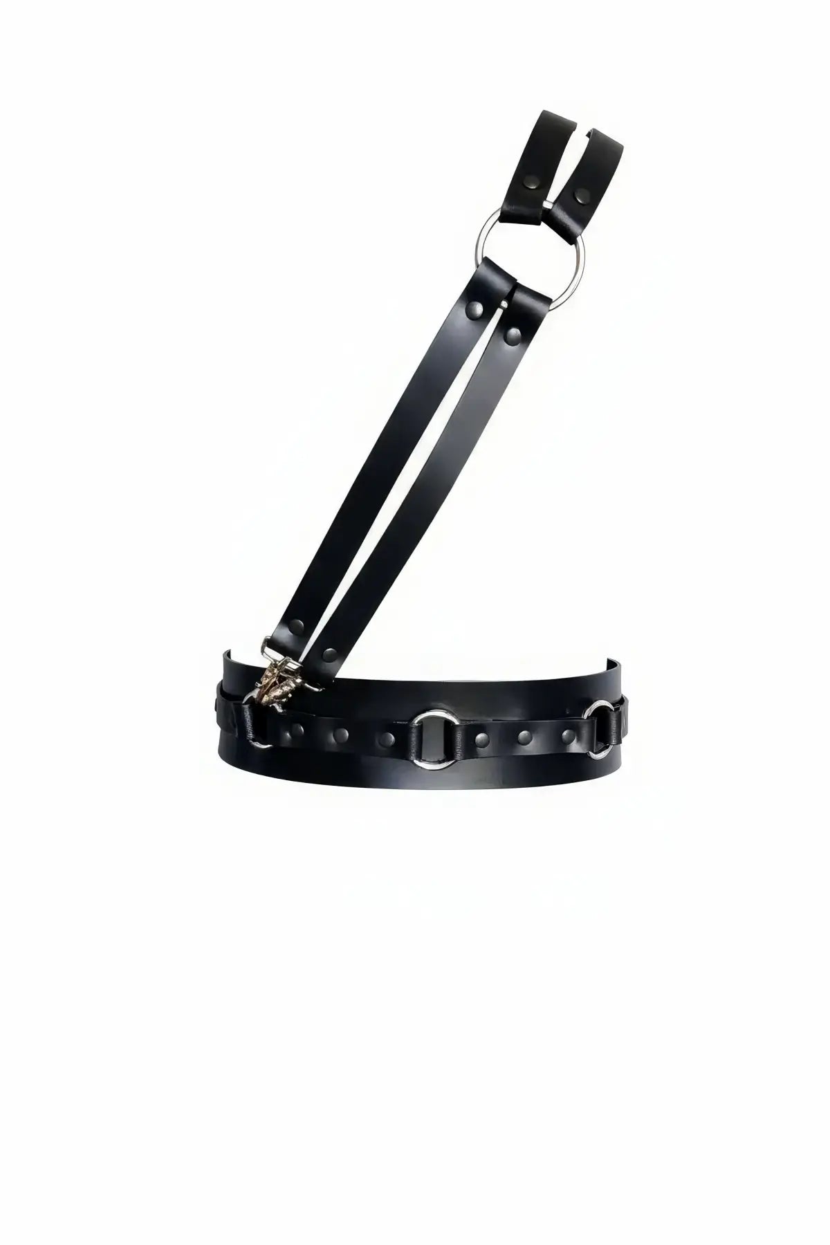 Black double-strap O-ring hip harness in vegan leather with metal rings and riveted belt, HarnessClub