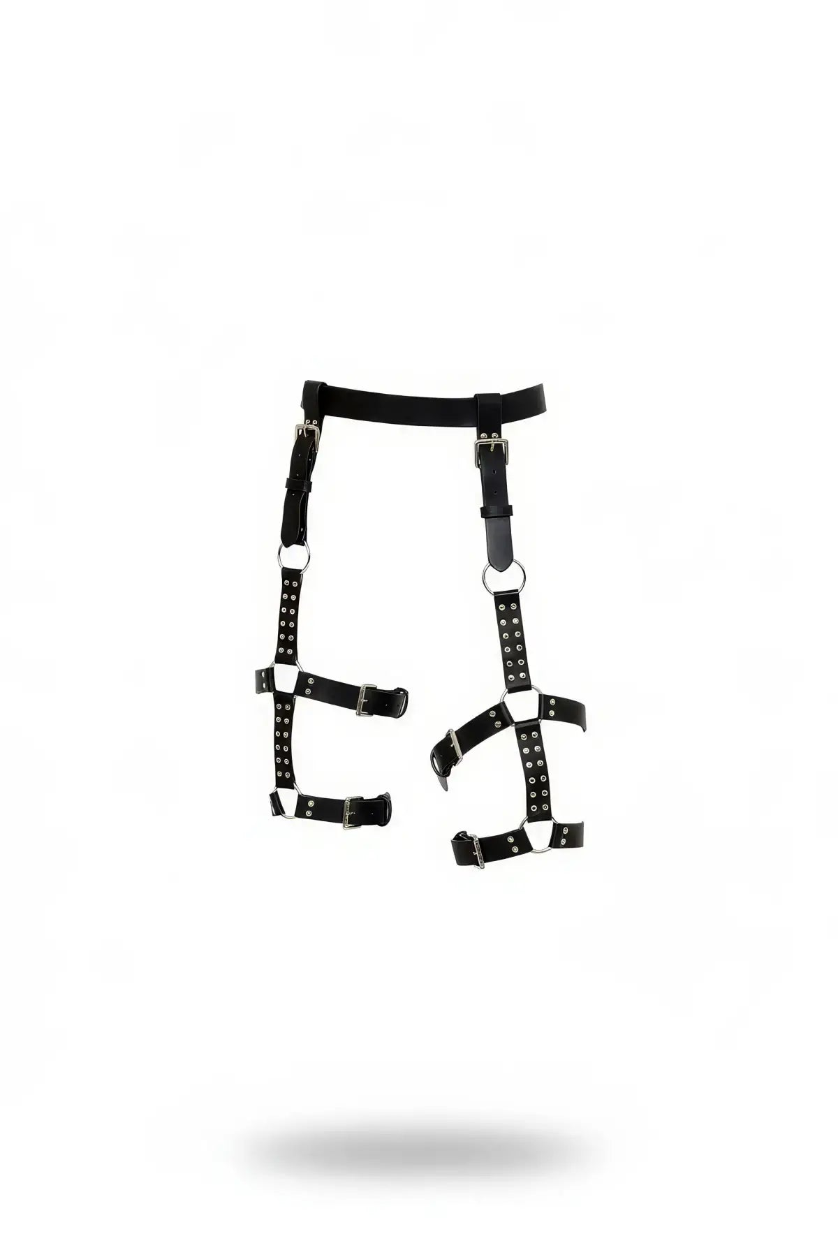 Leg harness set by HarnessClub in black vegan leather with eyelet suspender straps and metal rings (two-piece)