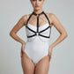 Women's black chain chest harness collar by HarnessClub, vegan leather body accessory