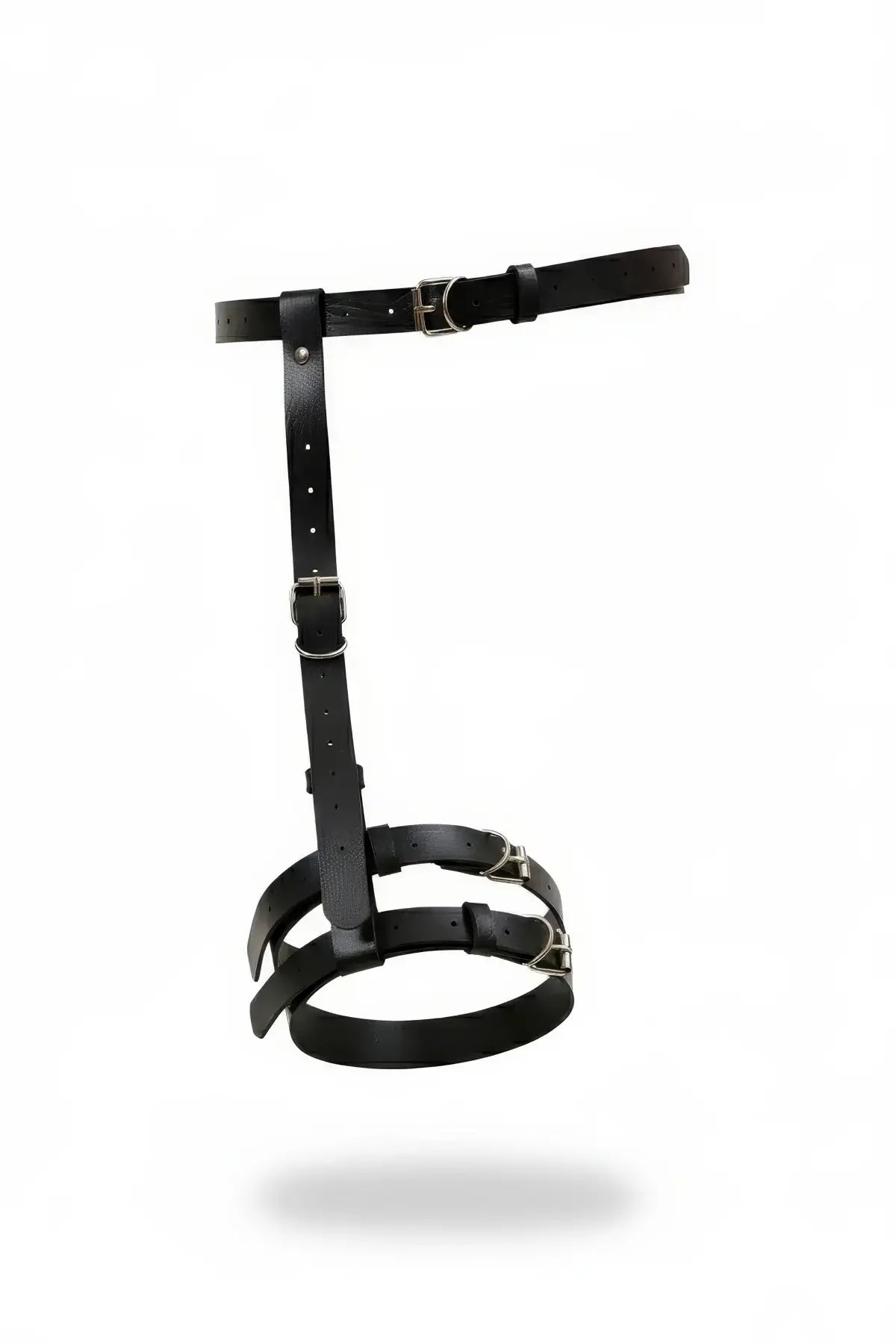 Siyah deri jartiyer harness, tek bacak için ayarlanabilir tokalı, gümüş tonunda metal tokalar