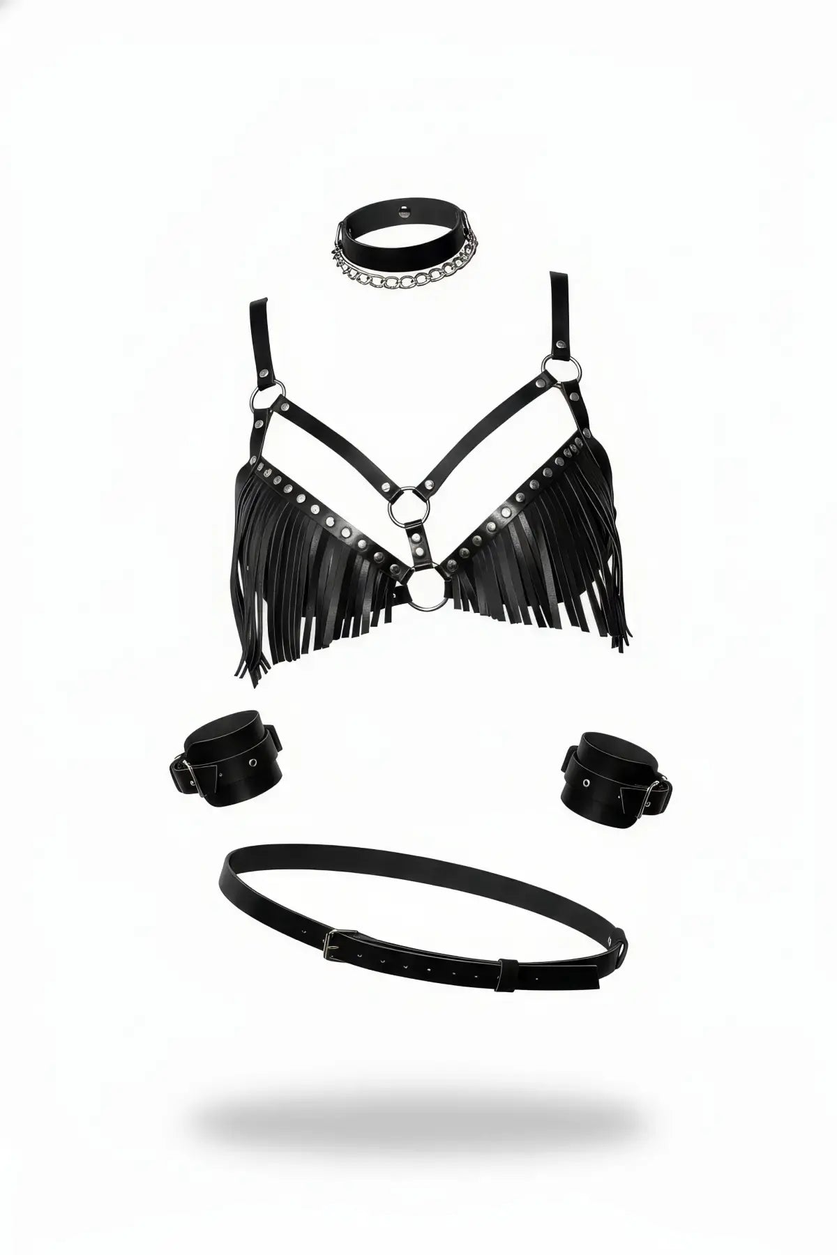 HarnessClub Black Fringe Bralette Harness; vegan leather five-piece set including bralette, choker, cuffs, belt.