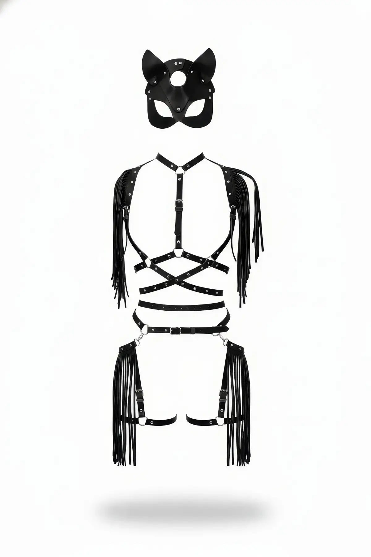 Black vegan leather full-body harness set with fringe and cat-ear mask by HarnessClub