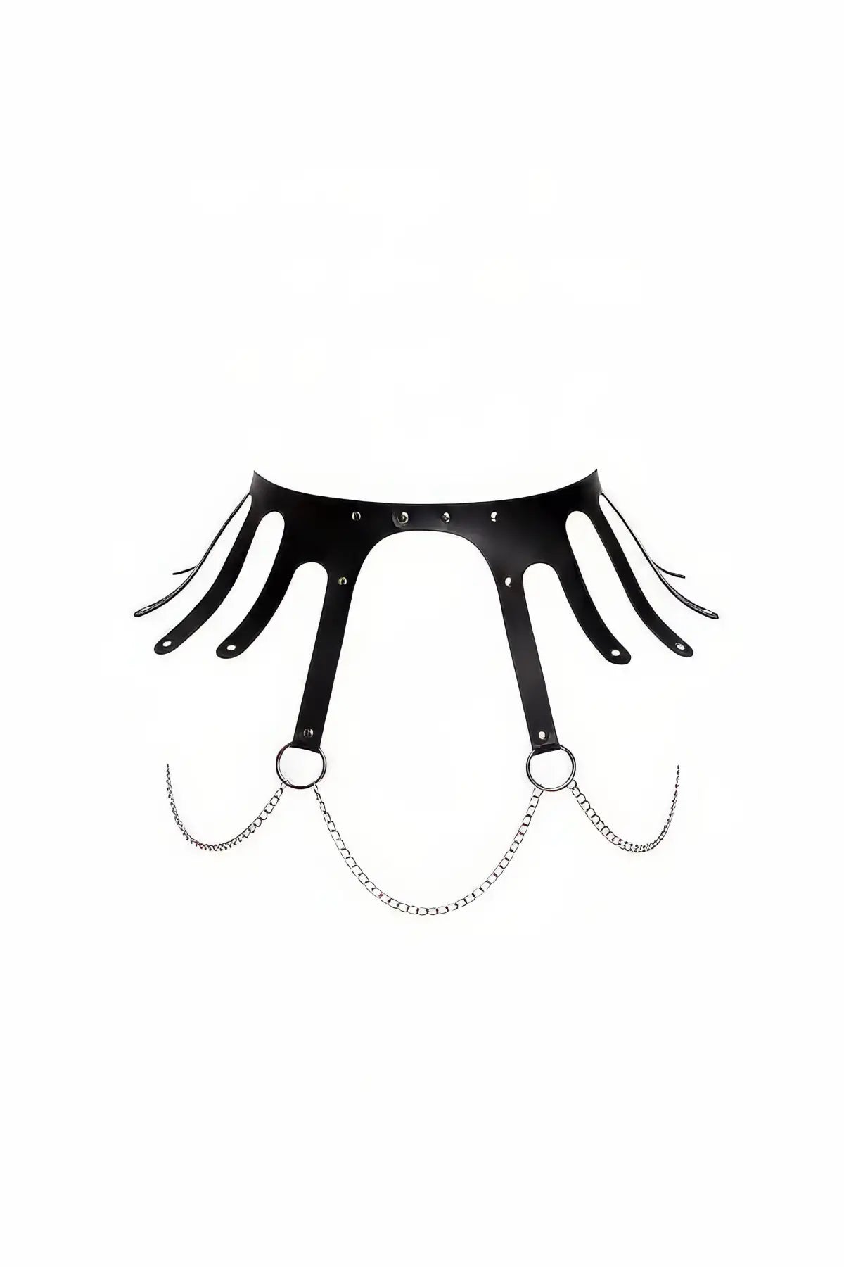 HarnessClub Black fringe waist belt in cut-leather with O-ring chains for festival wear