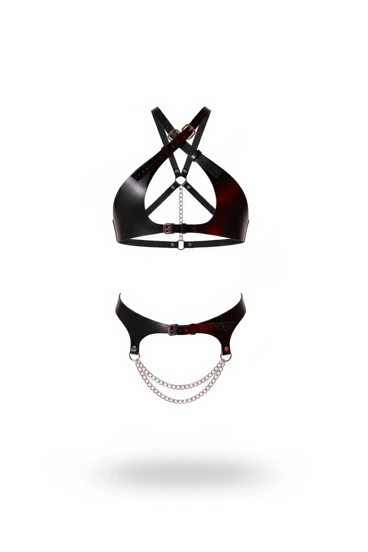 HarnessClub black glossy two-piece chain harness set, vegan leather body accessory with metal chains