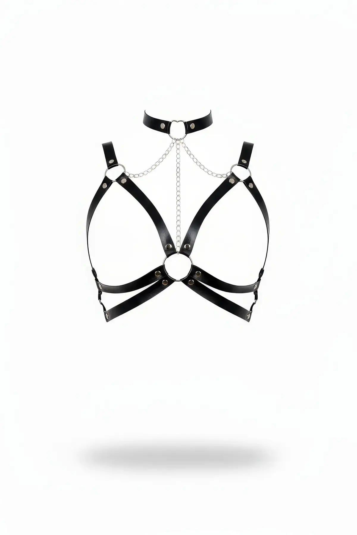 Black vegan leather bust harness with heart ring, chains and a choker.