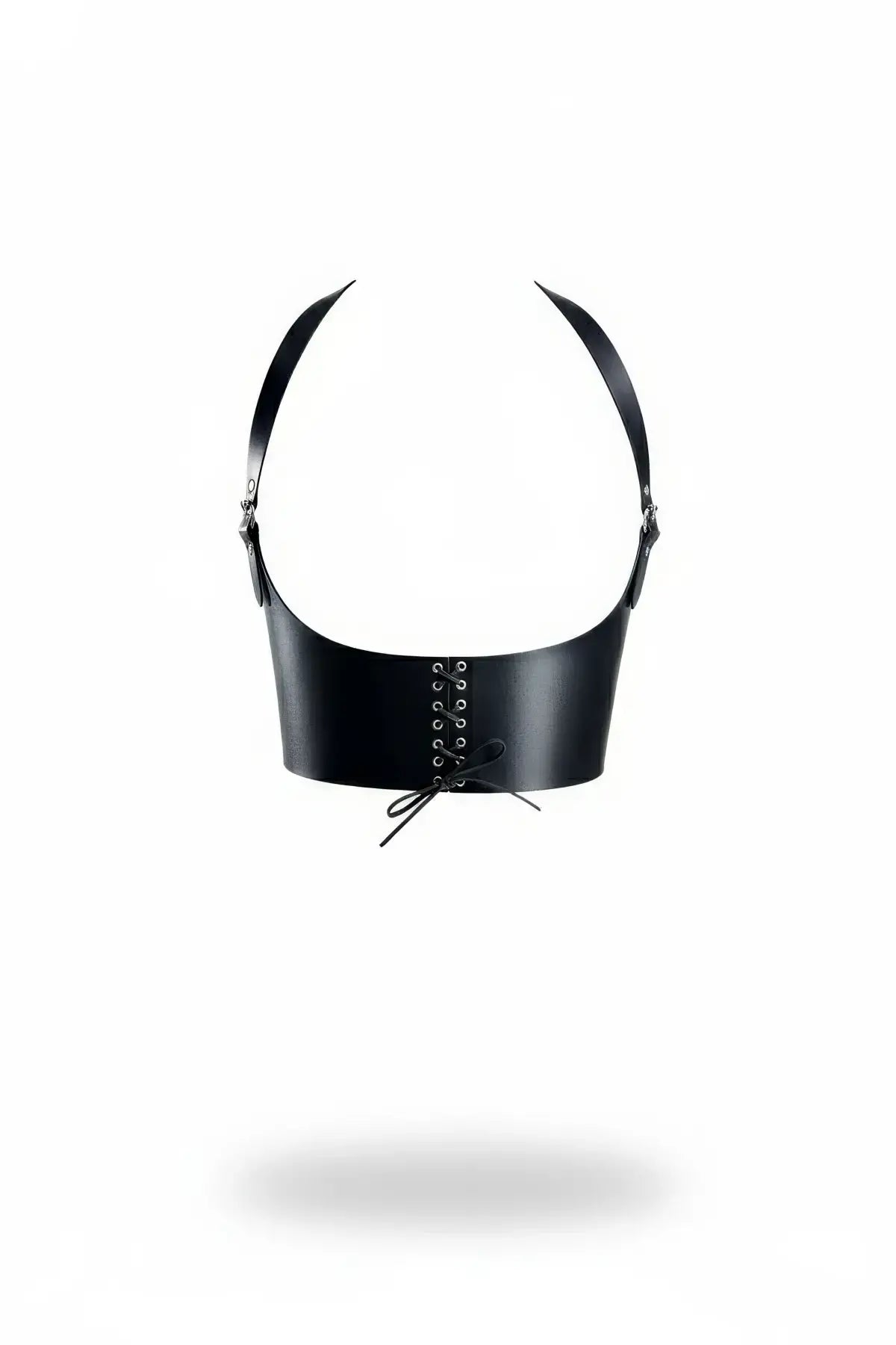 HarnessClub black vegan leather underbust corset bustier with halter straps and front lace-up