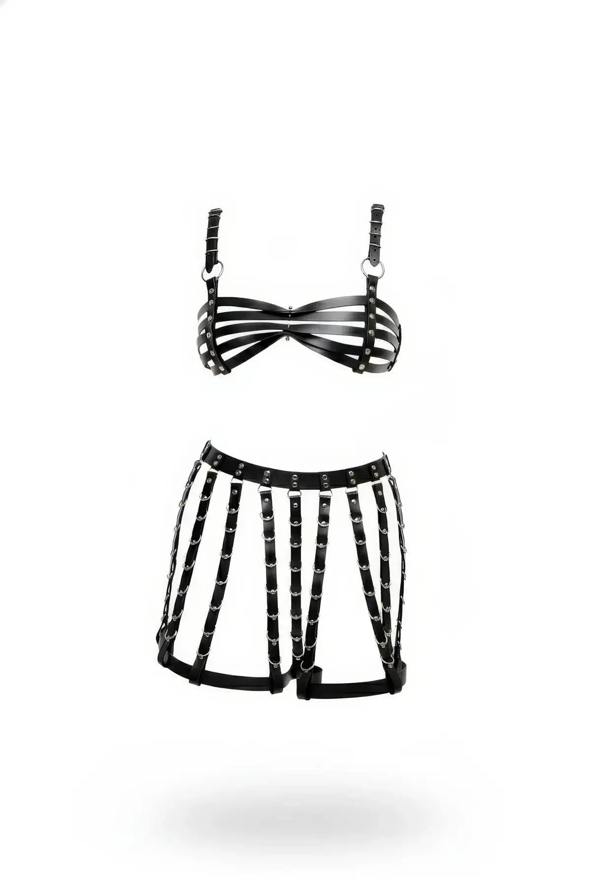 HarnessClub black vegan leather two-piece set: multi-band bralette and cage-style mini skirt.