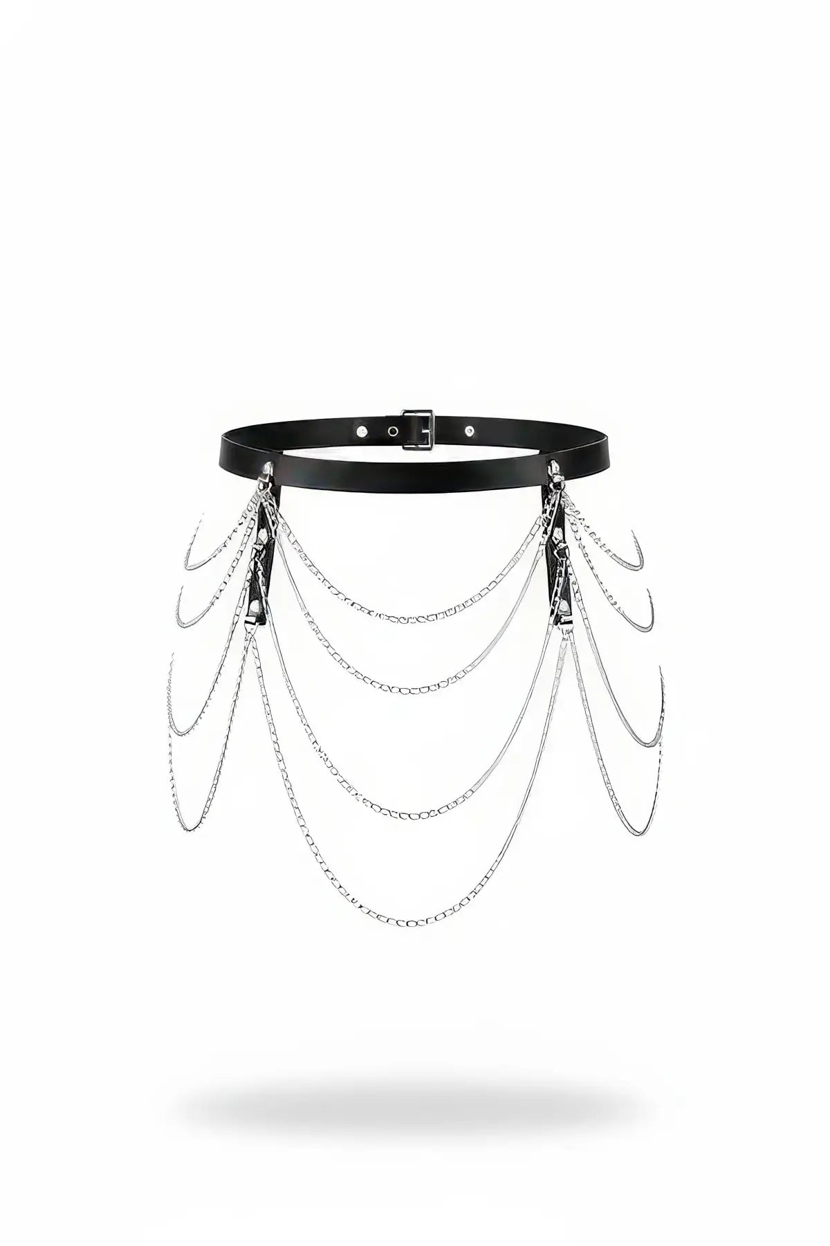 HarnessClub black vegan leather waist belt with six cascading silver chains.