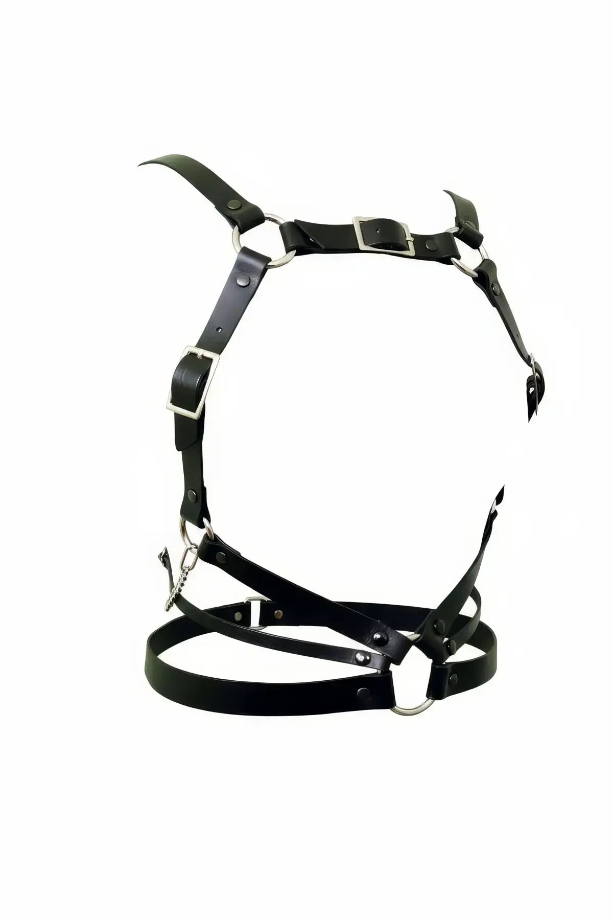 Black vegan leather multi-strap cage chest harness with metal rings and buckles